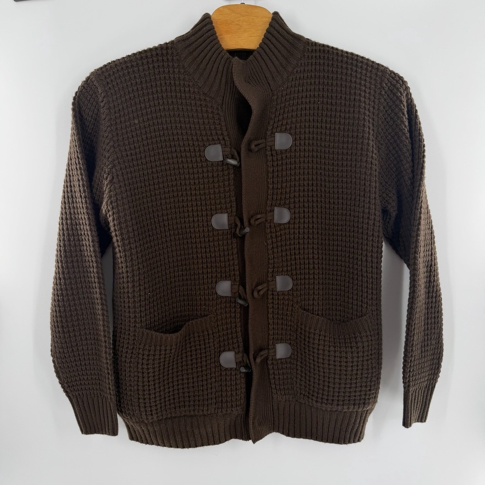 Weatherproof Vintage Brown Waffle stitch Toggle knit Sweater Jacket, sz L